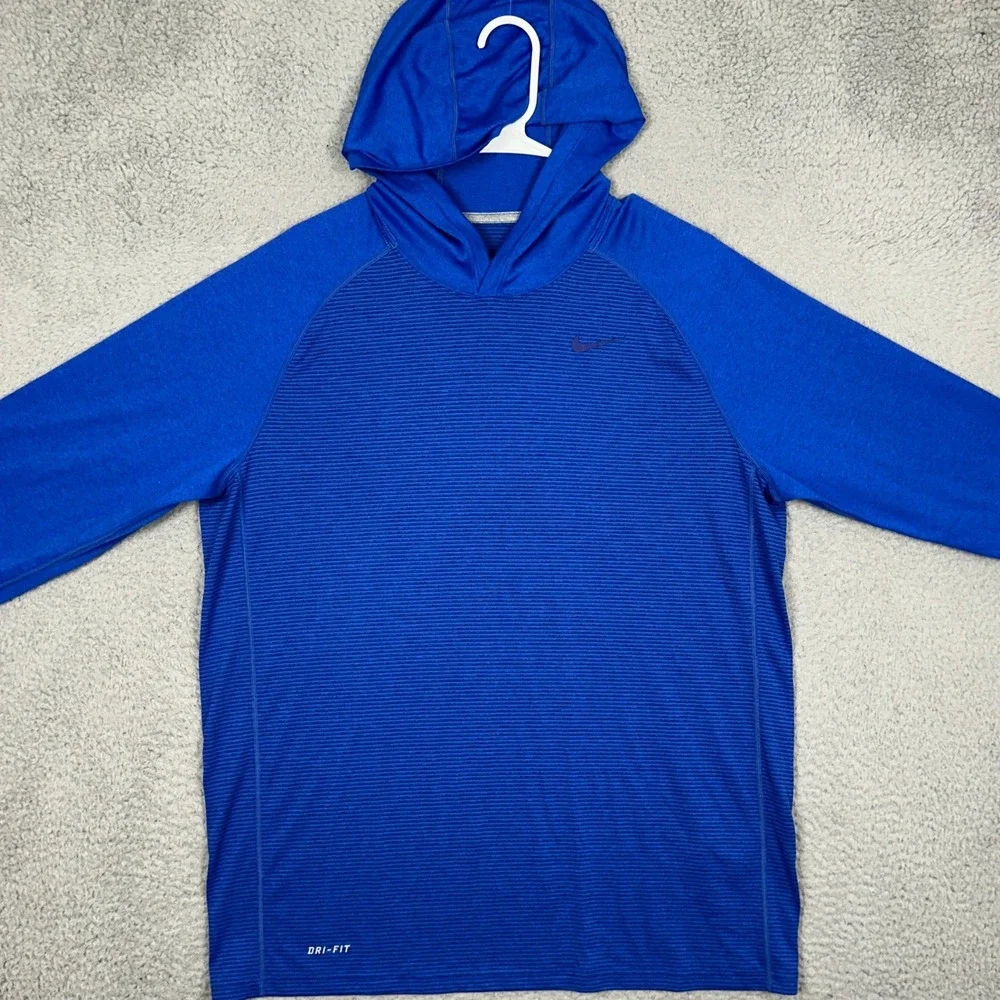 Nike Hoodie Mens Large Dri-FIT Blue Striped Training Performance Long Sleeve EUC